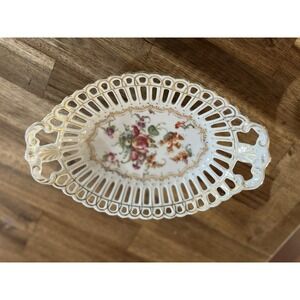 Dresden Germany Oval Reticulated Bowl Roses Gold Trim Vintage‎
